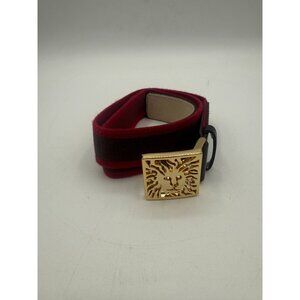 Anne Klein Leather & Red Canvas Stretch Belt w/ Gold Tone Lion Buckle Size M